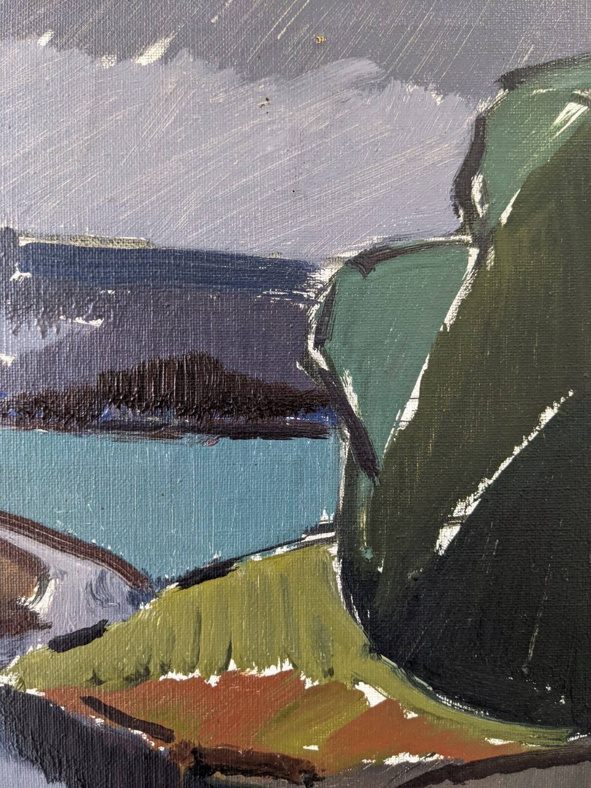 Mid-Century Modern "Meander" Vintage Expressionist River Landscape Oil Painting, Framed