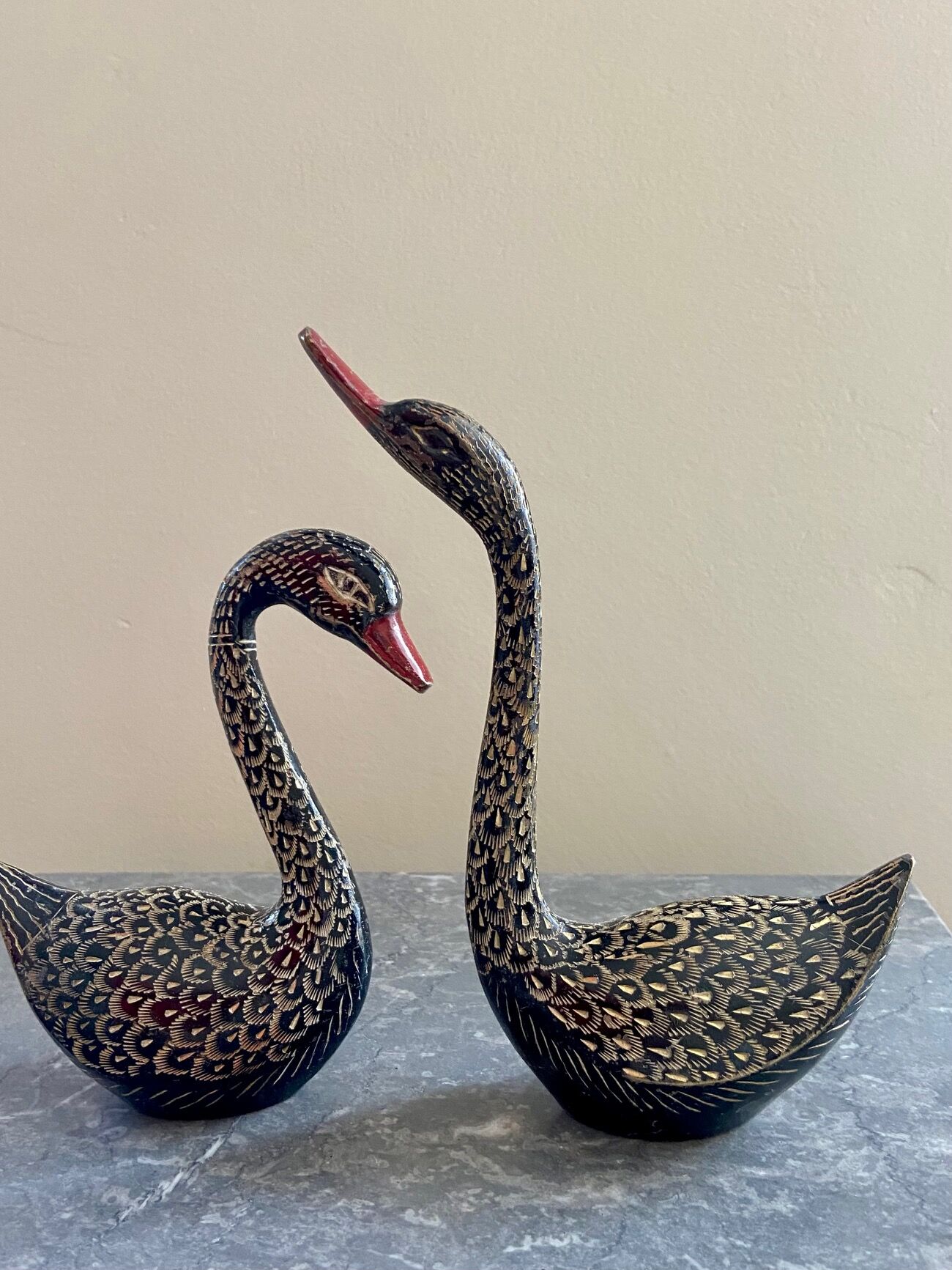 Pair brass swans