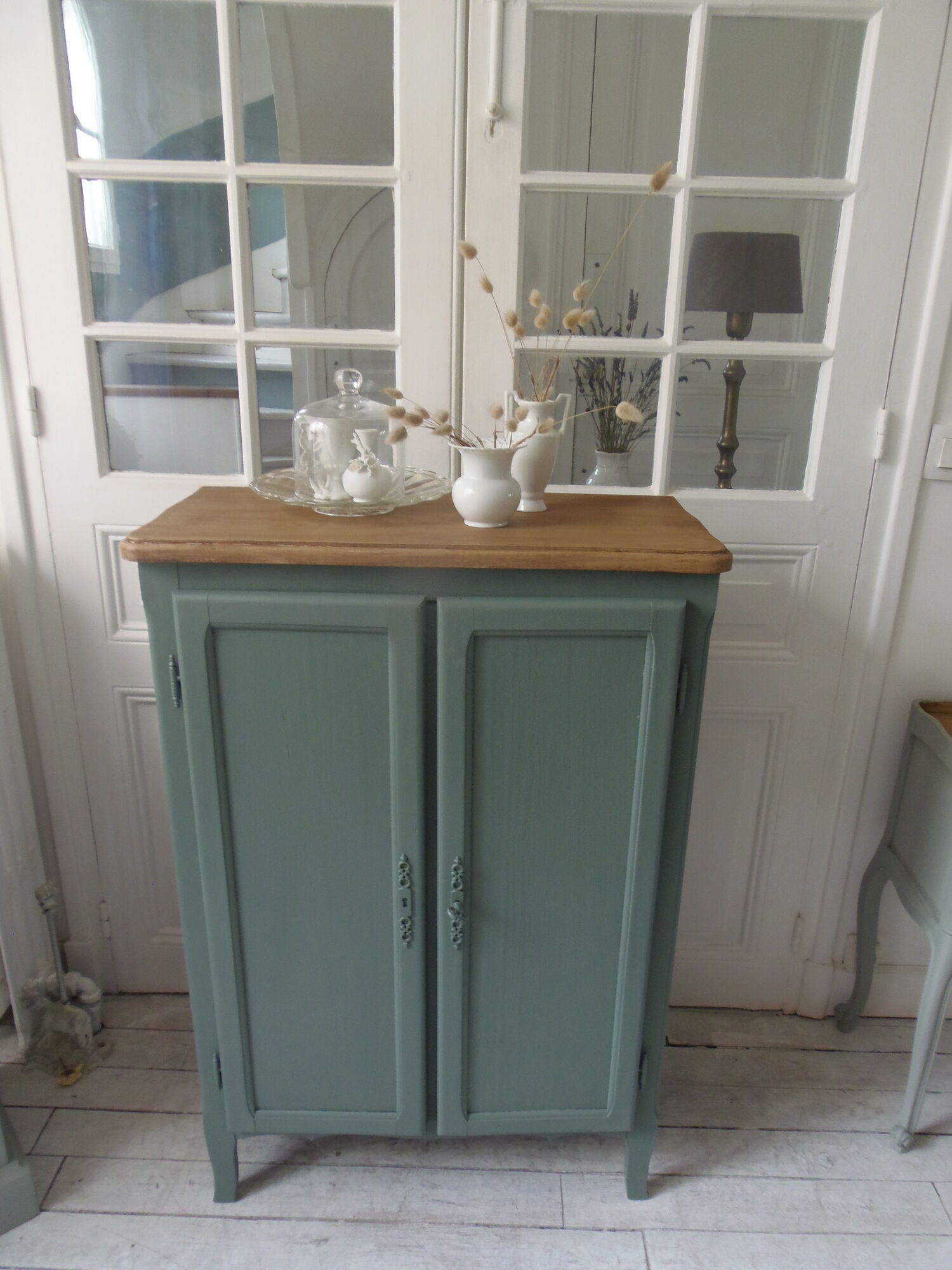 Vintage shoe cabinet smoked green wax finish, wooden top.