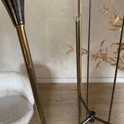 Vintage reed floor lamp in black metal and brass with three white opalines
