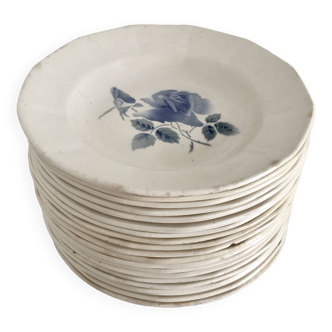 Set of 20 Digoin soup plates, blue rose patterns