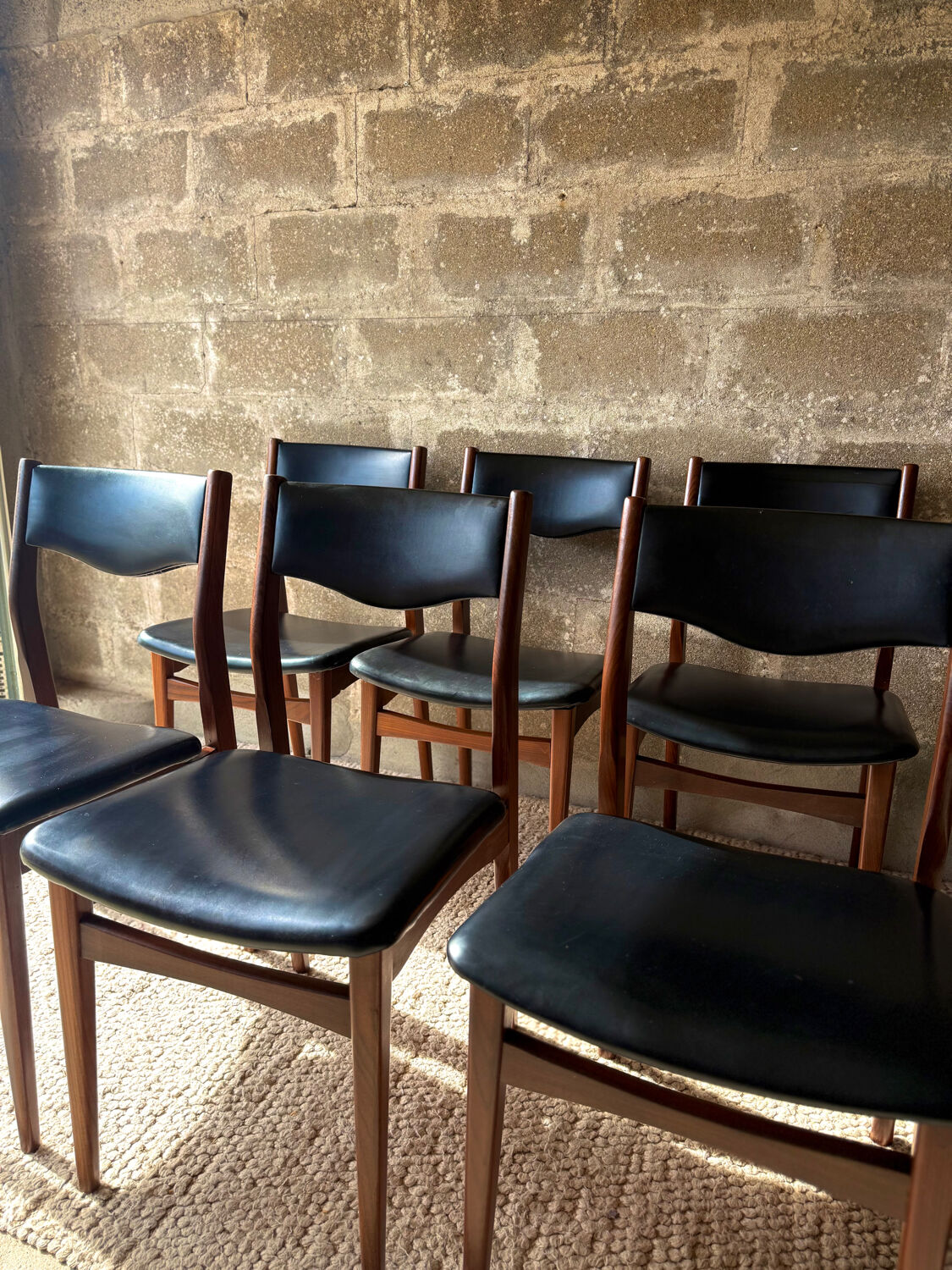 Scandinavian teak chairs, black faux leather (x6)