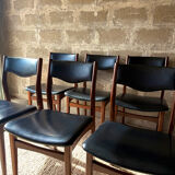 Scandinavian teak chairs, black faux leather (x6)