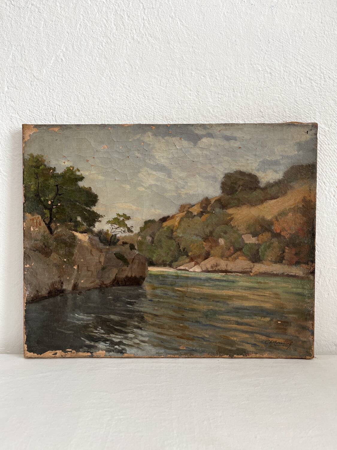 Old oil painting on canvas landscape signed Mouthon 19th century