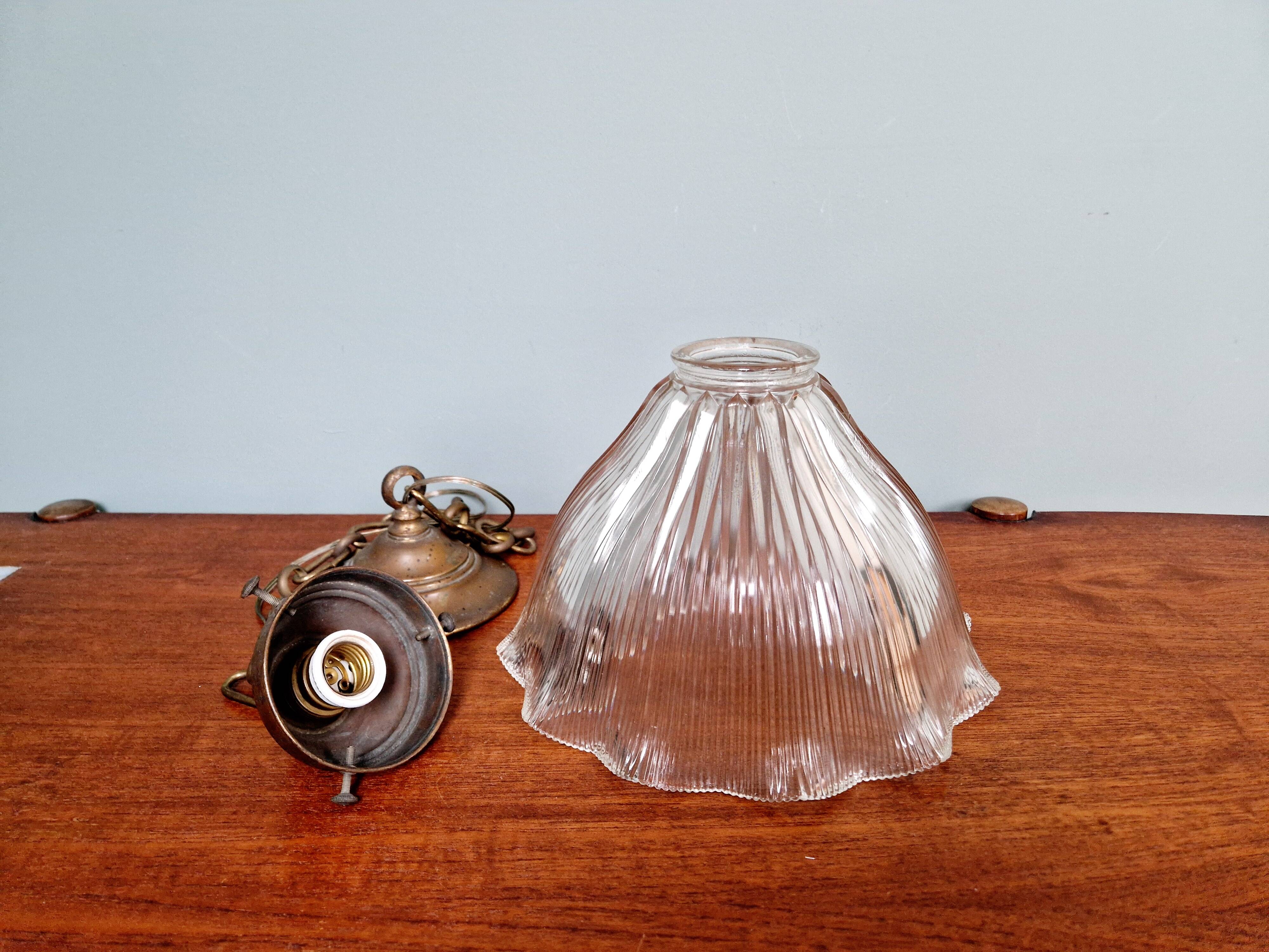 Large Holophane pendant light in transparent grooved glass