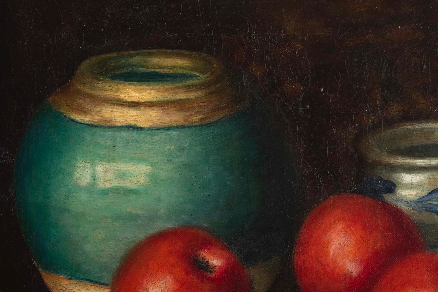 Still life with apples and ceramics by Dalens, 1921