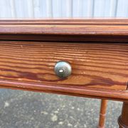 Antique desk in pitch pine, turned legs, drawer – superb patina.