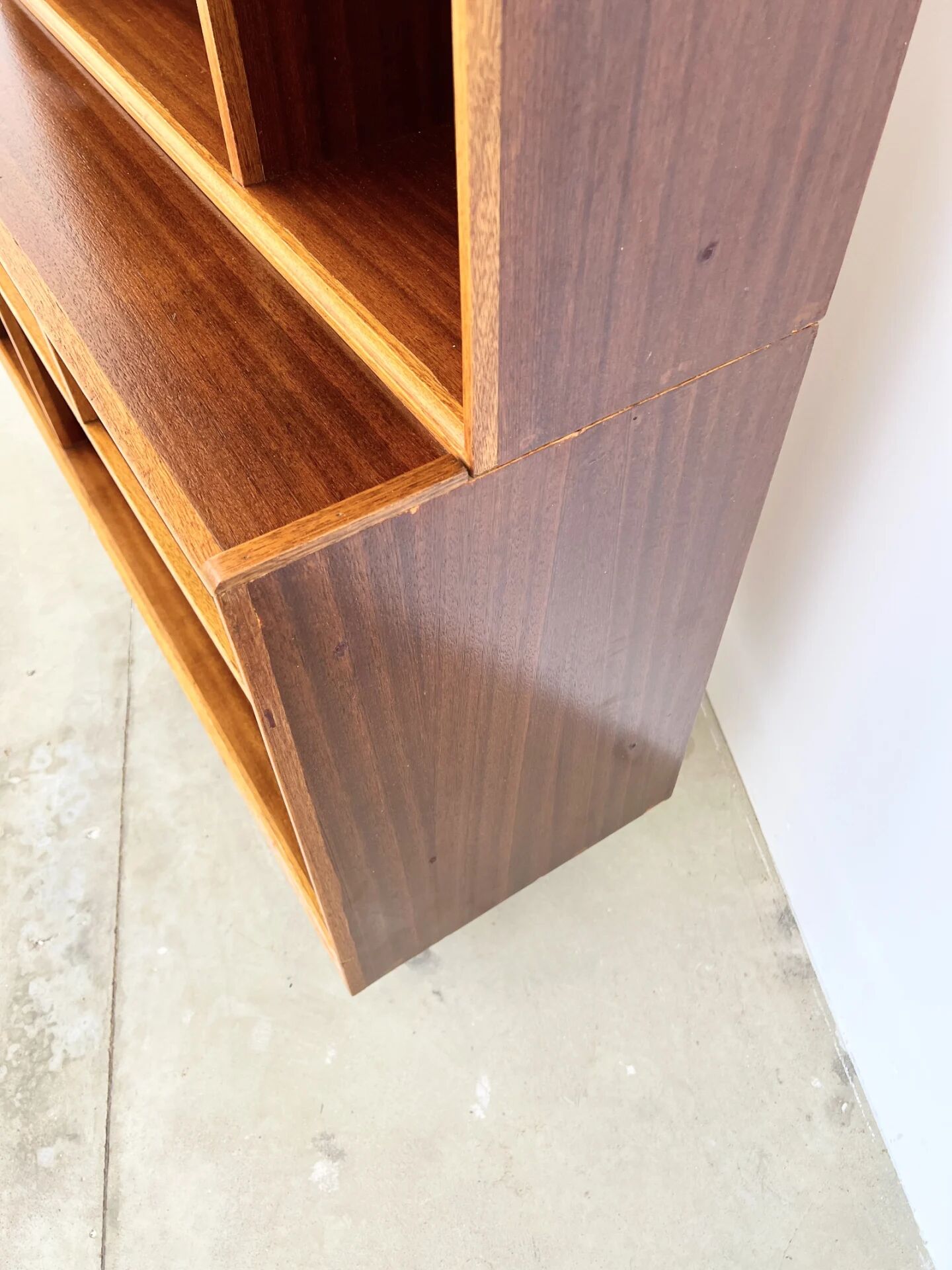 Asymmetrical mahogany bookshelf — 2 offset elements, custom-made, 1960s