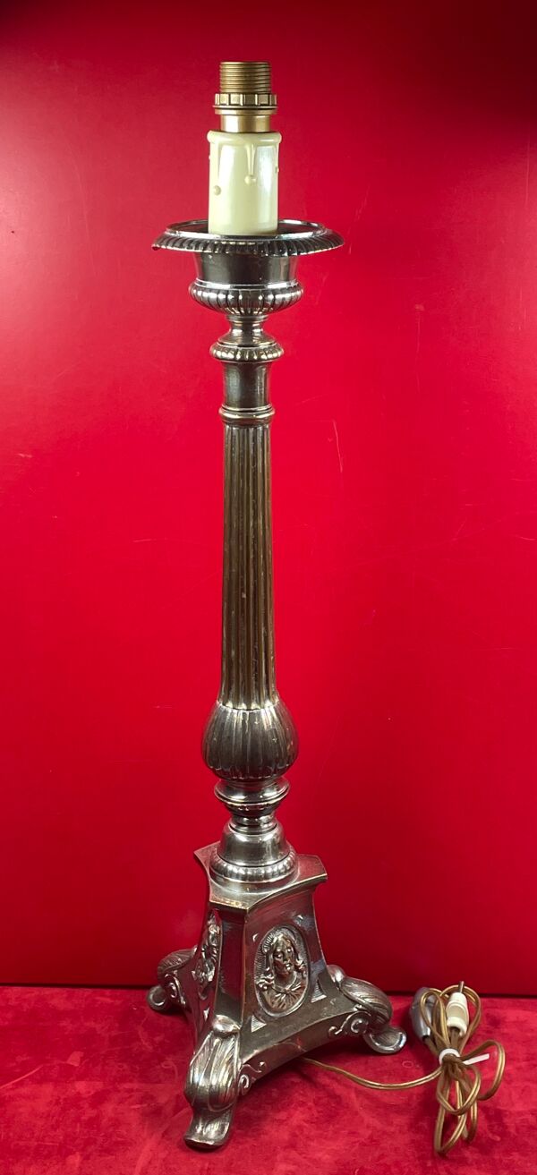 Pied de lampe colonne régule argenté pied tripode