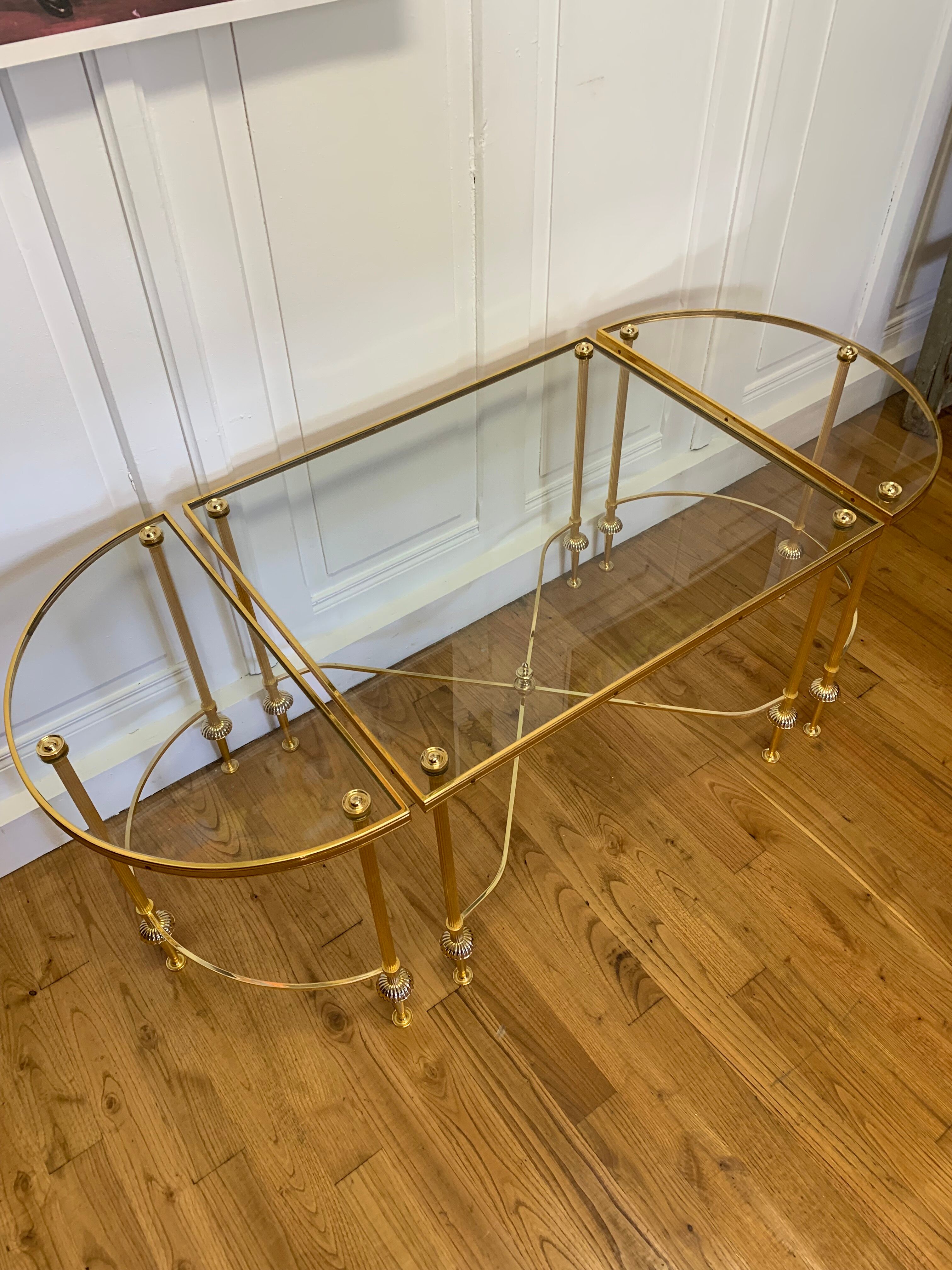 Tripartite brass and glass coffee table
