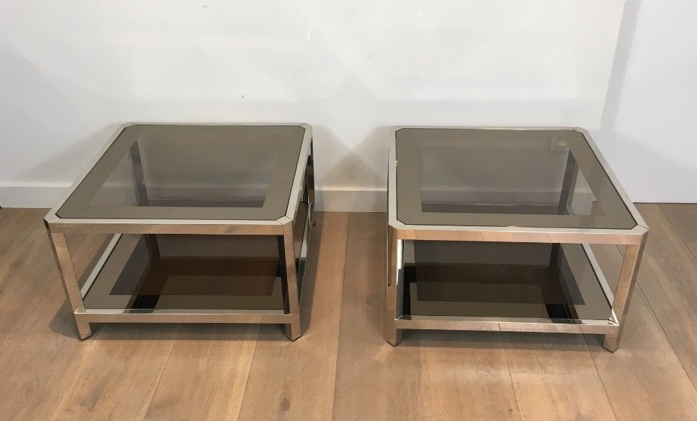 Pair of octagonal chrome side tables with tinted glass tops