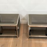 Pair of octagonal chrome side tables with tinted glass tops