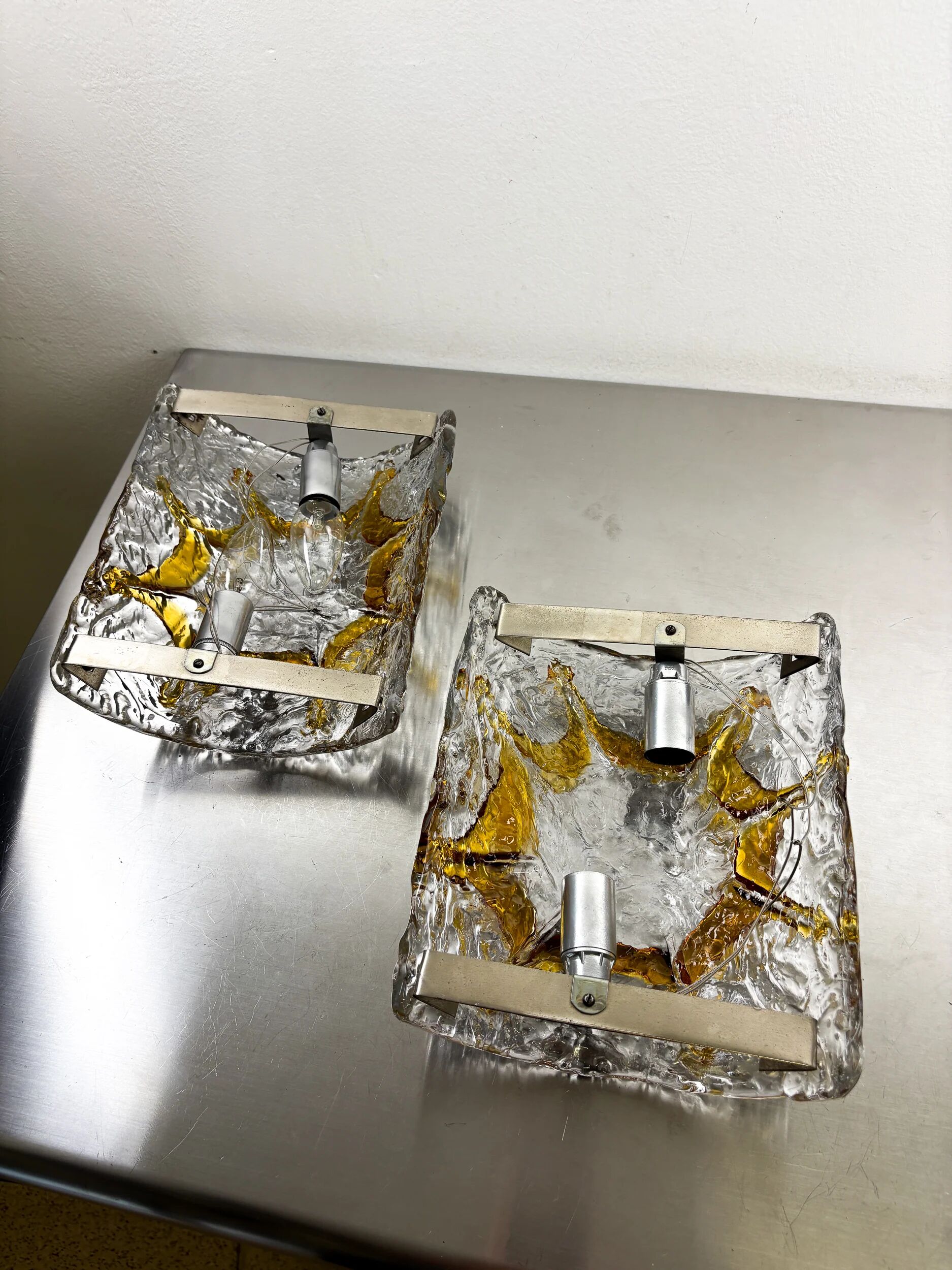 Pair of Mazzega Murano wall lights, orange frosted textured glass, Italy, 1970s