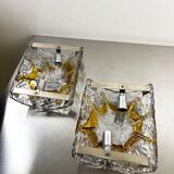 Pair of Mazzega Murano wall lights, orange frosted textured glass, Italy, 1970s