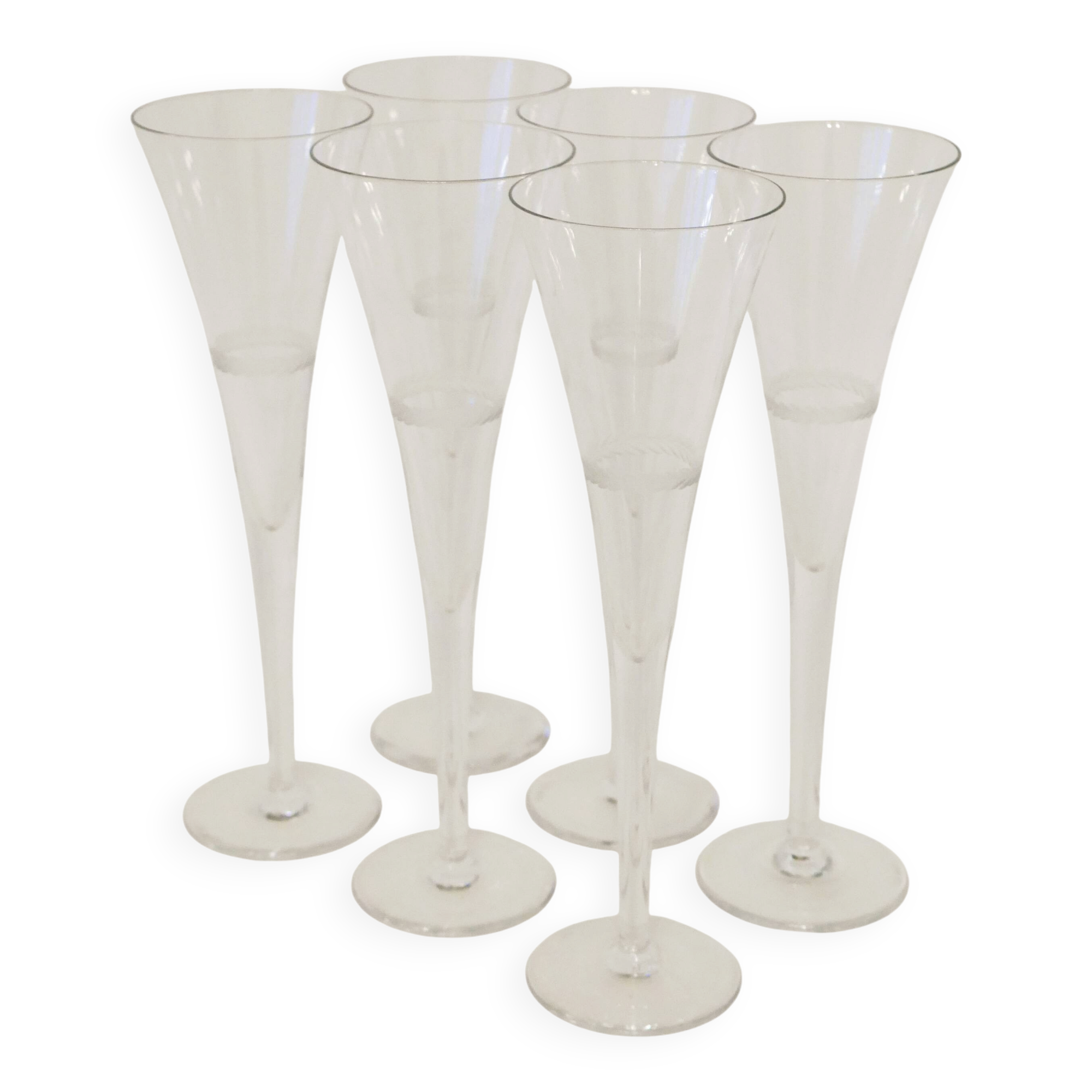 Set of 6 engraved crystal champagne flutes, Handmade, 1960