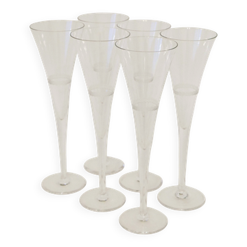 Ensemble de 6 flûtes à champagne en cristal gravé, Fait Main, 1960