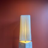 Beige marble stucco base, Houles white ecru fringed lampshade.