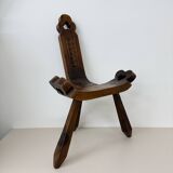 Brutalist hand carved oak Spanish tripod chair , 1970s