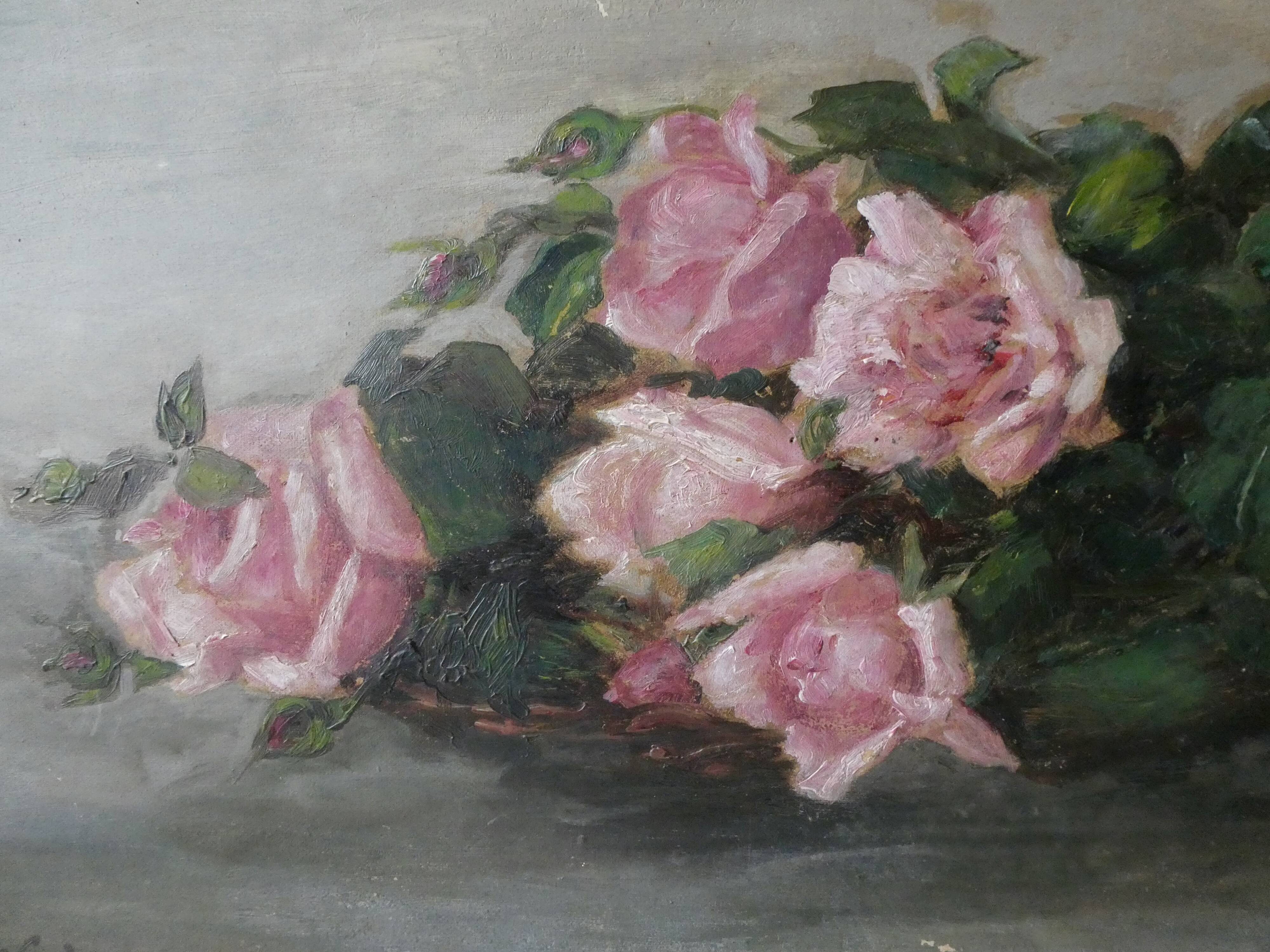 Table, oil on cardboard, bouquet of roses, 1930s