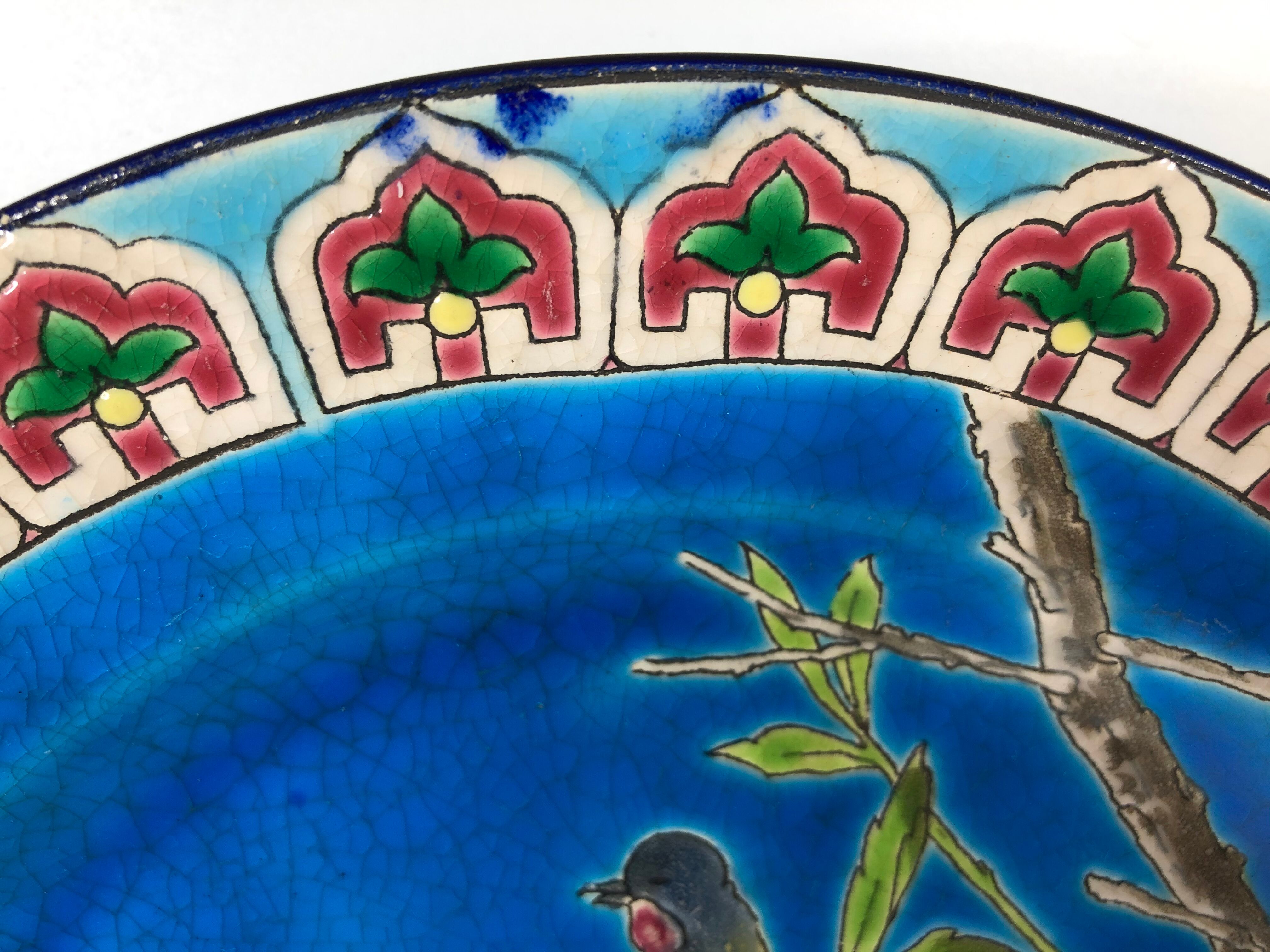 Longwy enamel blue plate bird and peony pattern