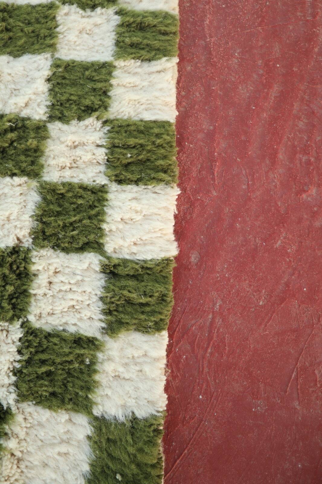 Beni Ouarain rug in Khaki Green and Cream Checkerboard, Handmade, 250x150cm
