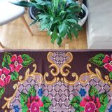 Boho chic Romanian carpet made by hand in wool, floral boho, lavender background with pink flowers 146x186cm