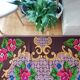 Boho chic Romanian carpet made by hand in wool, floral boho, lavender background with pink flowers 146x186cm