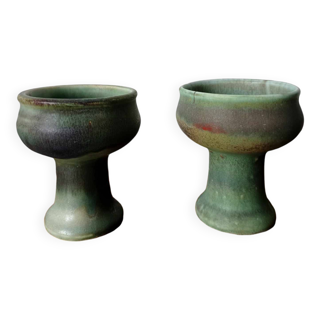 PAIRE de BOUGEOIRS Poterie Artisanale En Céramique Émaillée VERTE