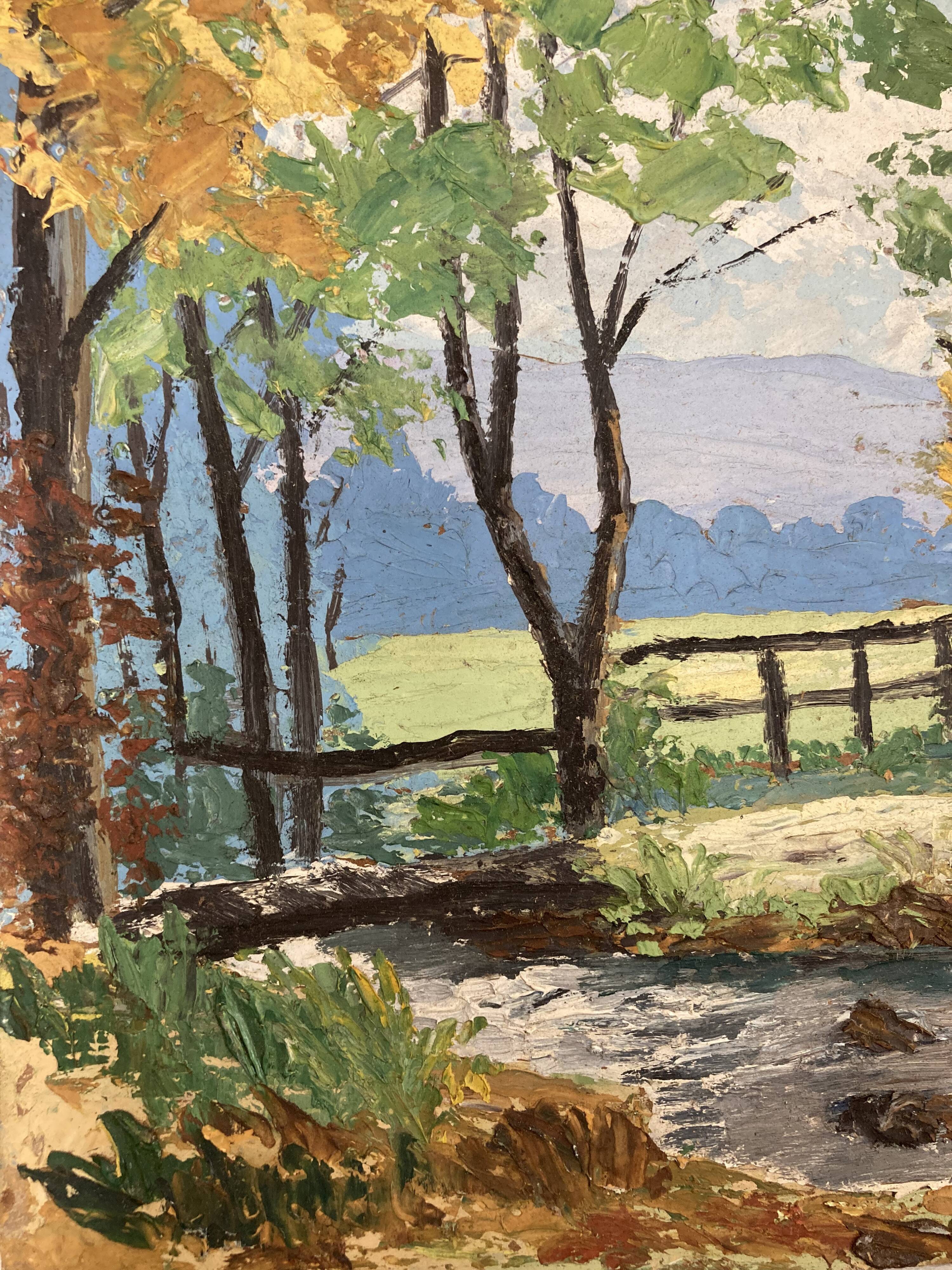 Oil on panel Landscape at the watercourse