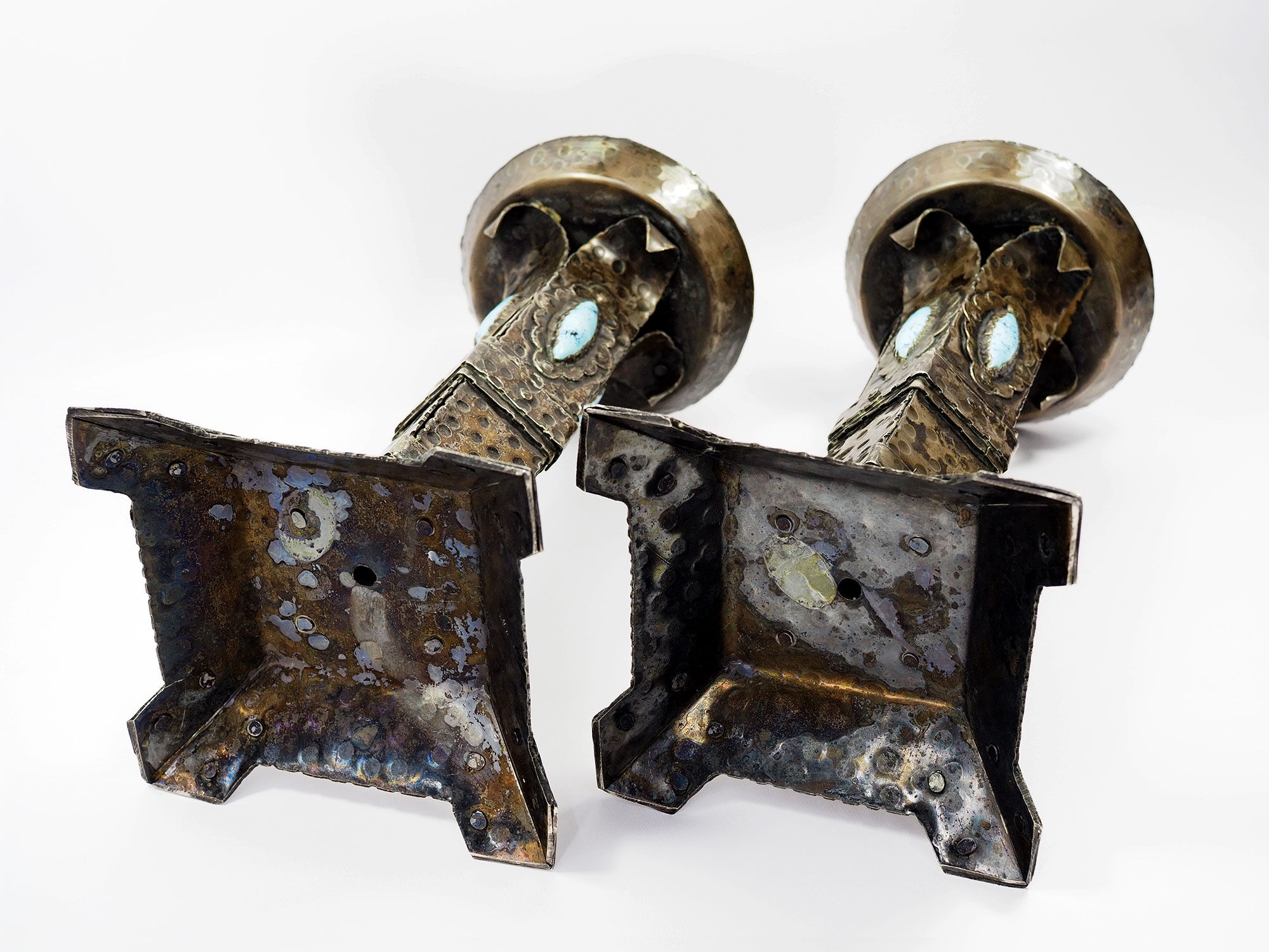 Arts and Crafts Style Forged Metal and Turquoise Glass Candlesticks