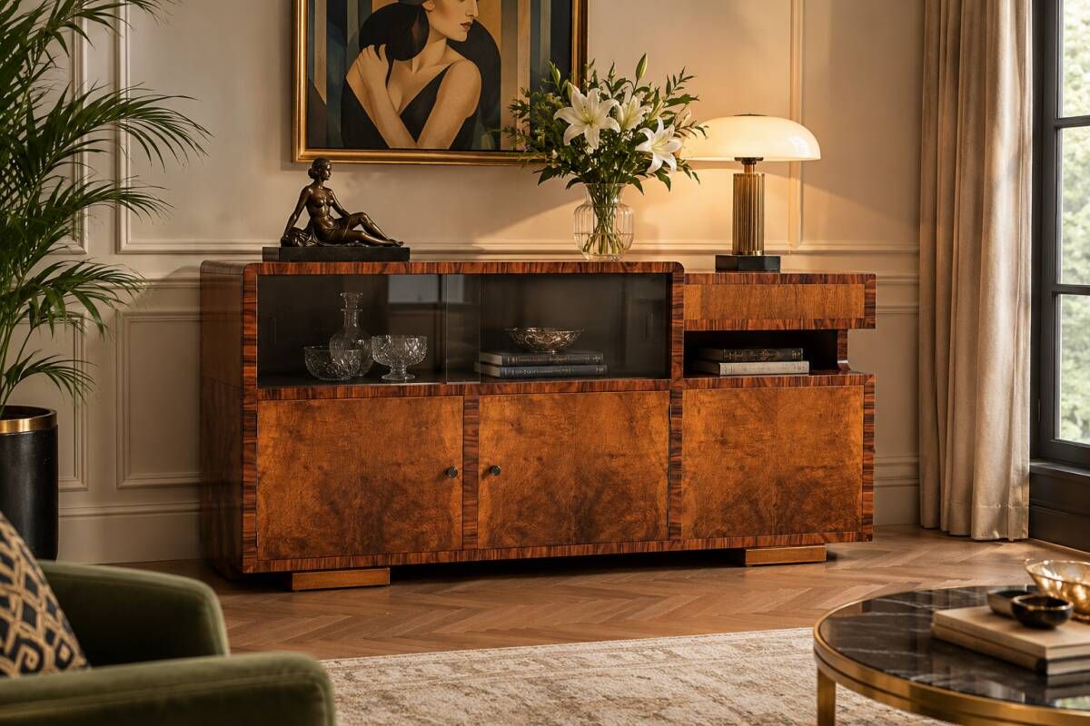Art Deco-style sideboard, perfect as a TV stand, Poland, 1950s. Restored.