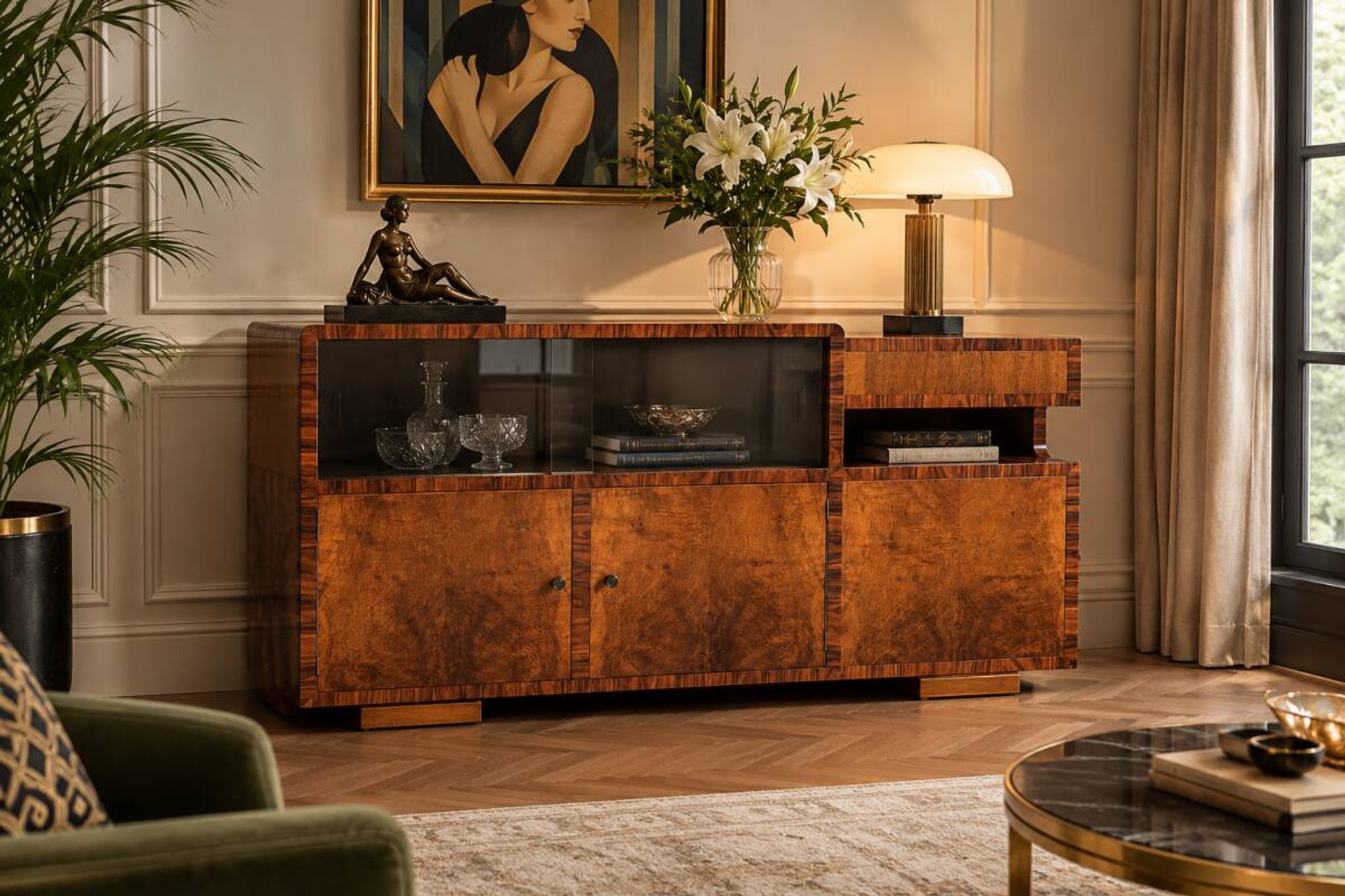 Buffet de style Art Déco, parfait comme meuble TV, Pologne, années 1950. Rénové.