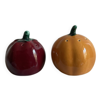 Lot de salière et ou poivrière céramique barbotine forme tomate citrouille