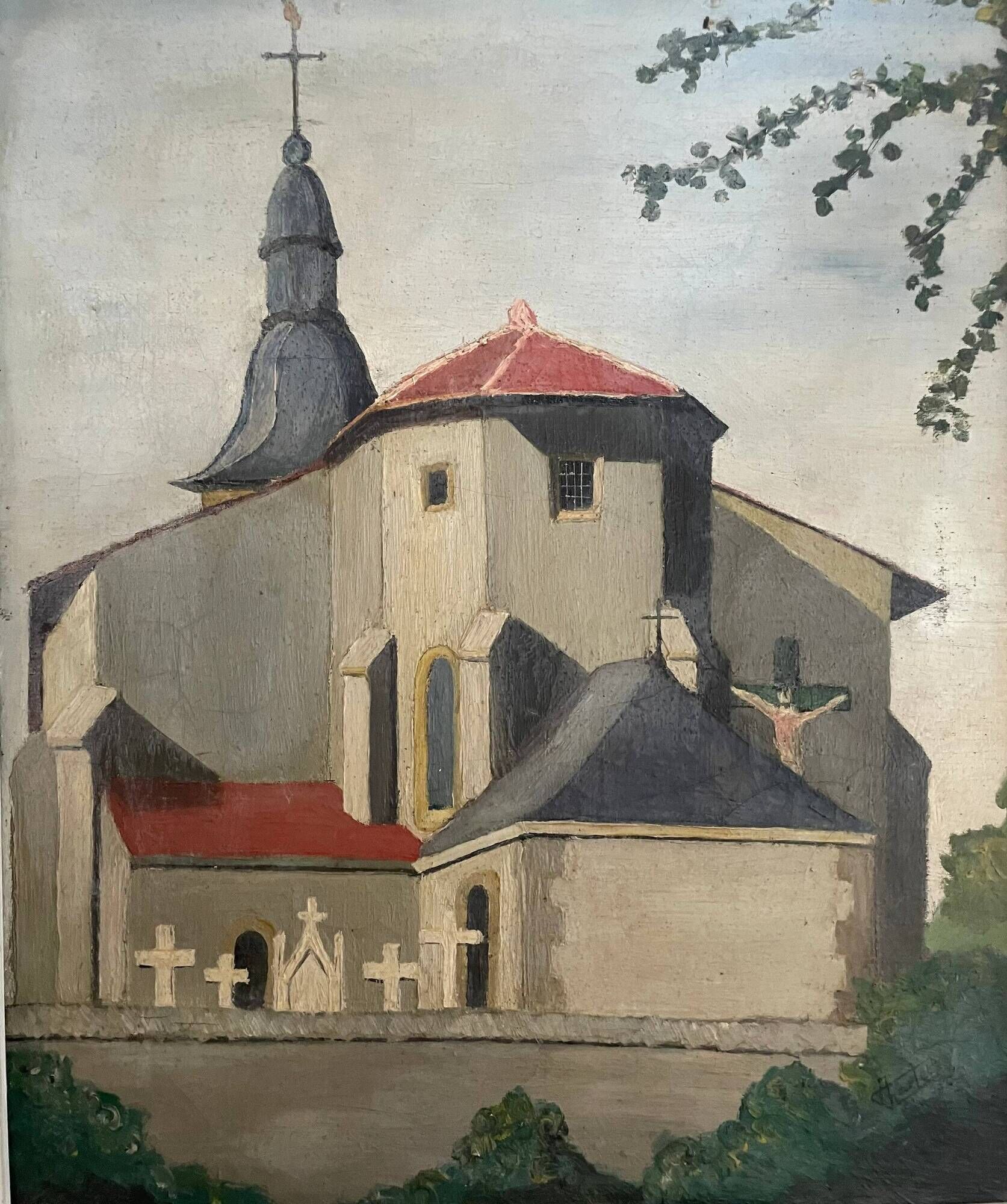 Mid Century Post Impressionist French Country Church Painting, Framed
