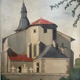 Mid Century Post Impressionist French Country Church Painting, Framed