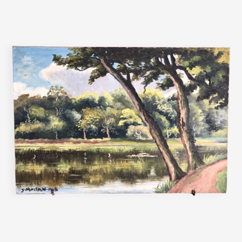 Oil on canvas "Nivernais Landscape" signed Yves Moisan 1965 (1908 - 1976) Contemporary art