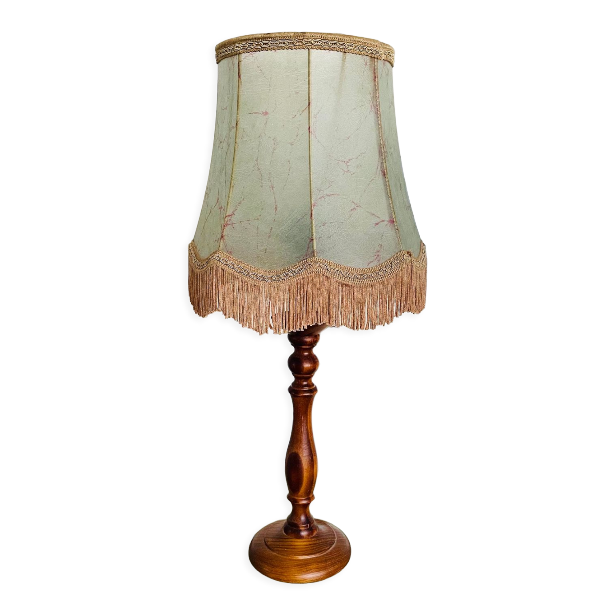 Vintage table lamp foot wood turned lampshade fringes