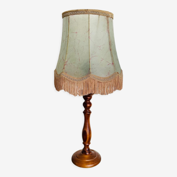 Vintage table lamp foot wood turned lampshade fringes