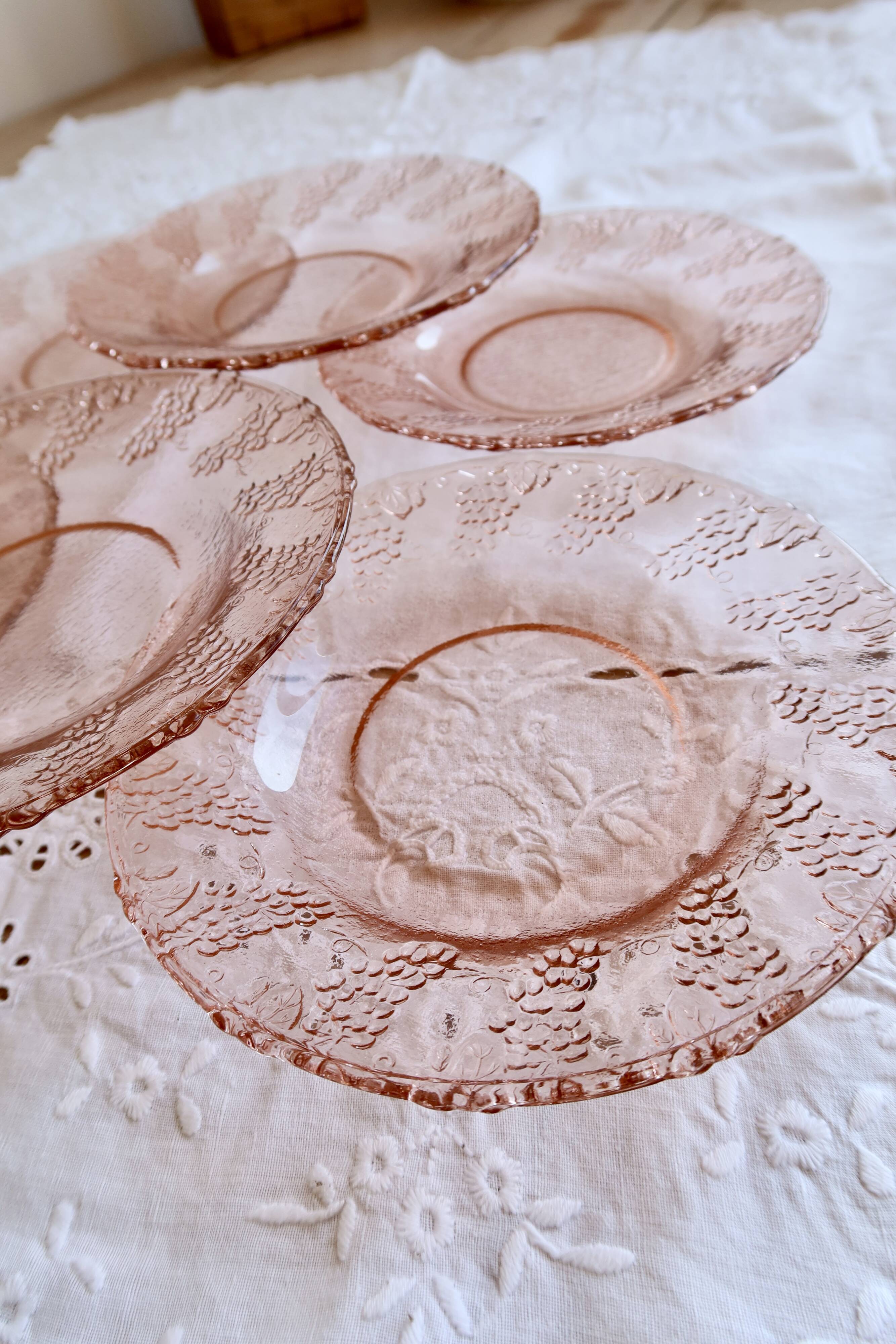 6 vintage pink moulded glass dessert plates