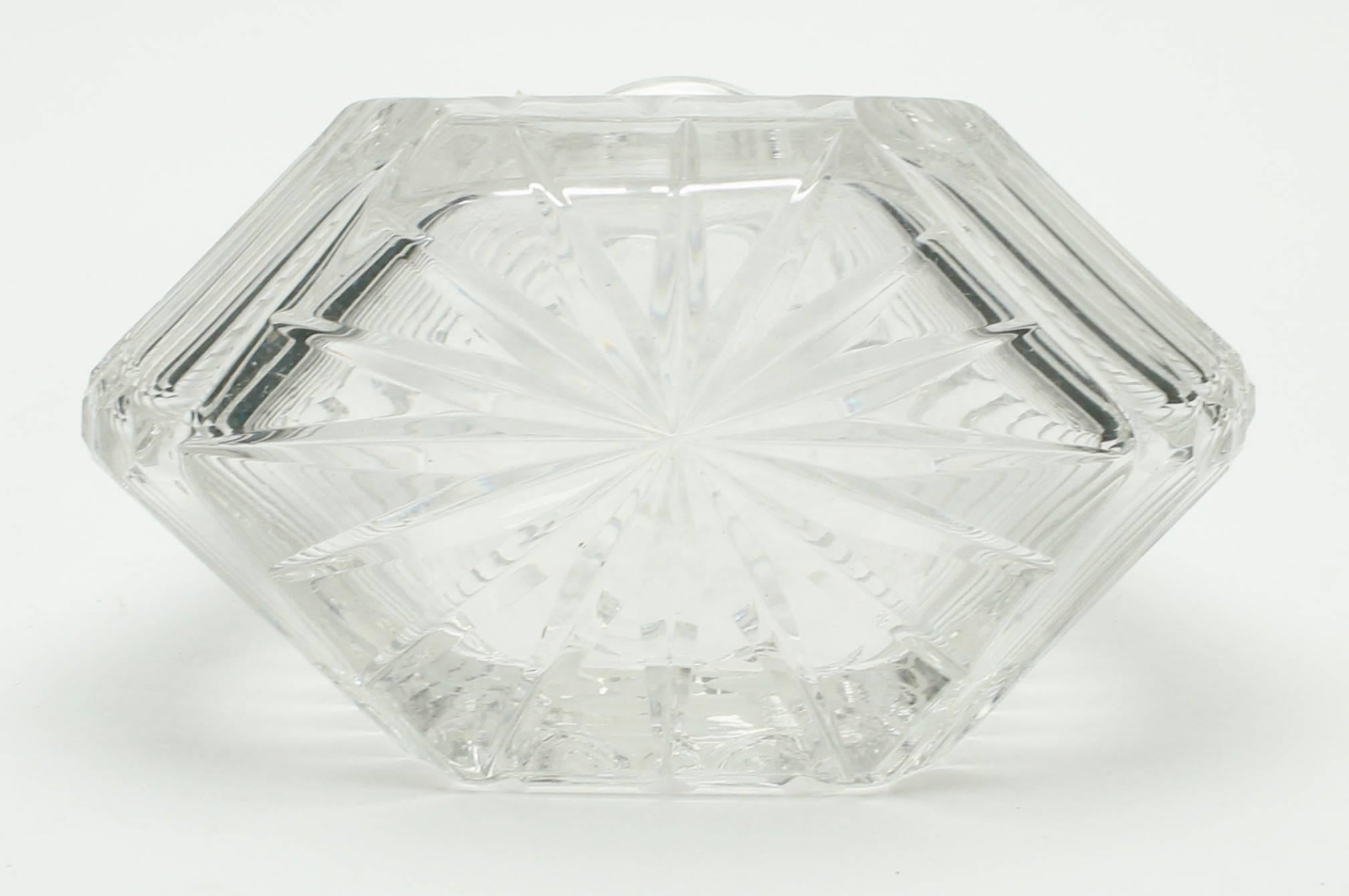 Matching pair of bohemian crystal decanters with art deco motifs