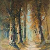 huile sur toile ancadrée XXème Chemin en sous bois