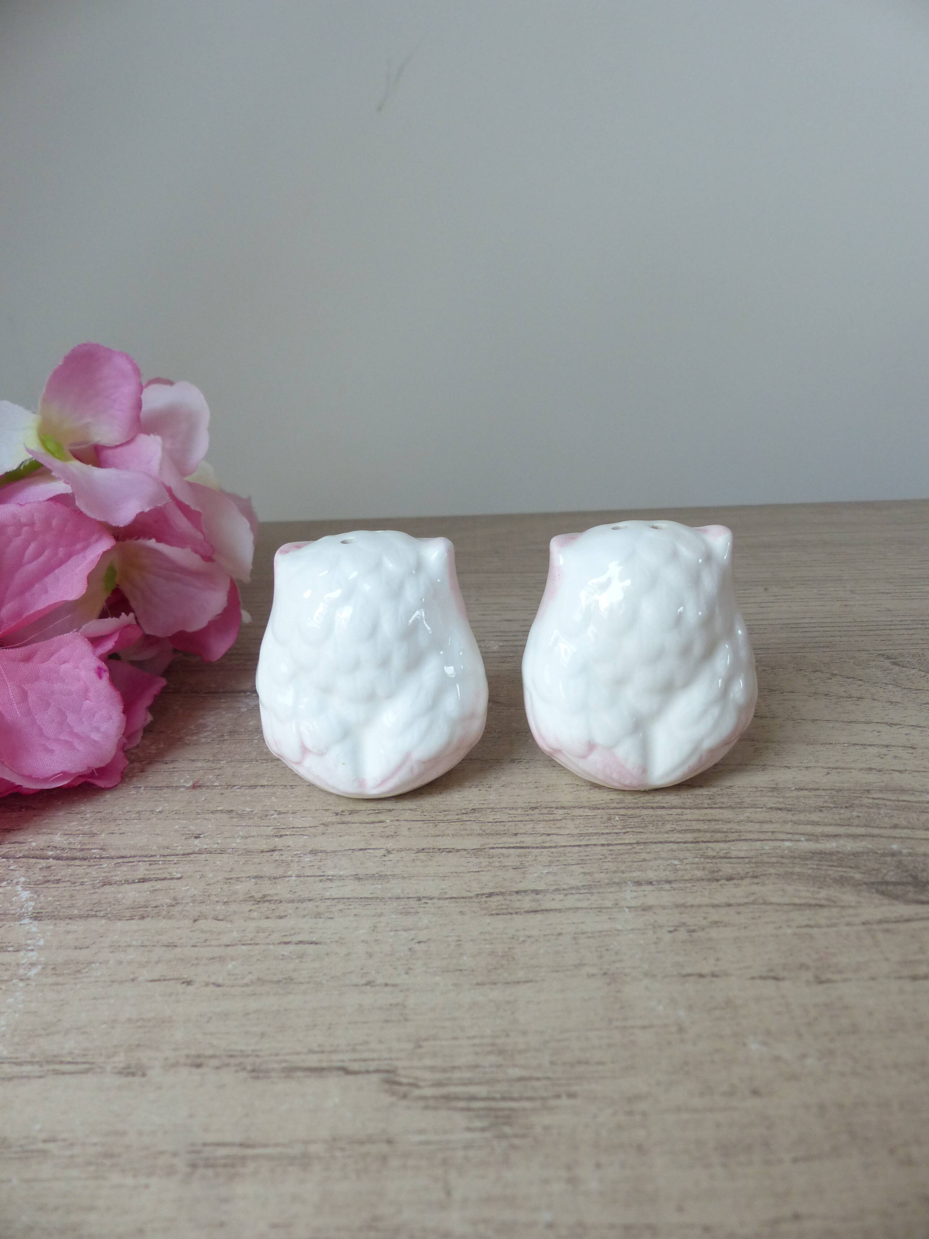 Vintage japan white and pink ceramic owl salt and pepper shaker set