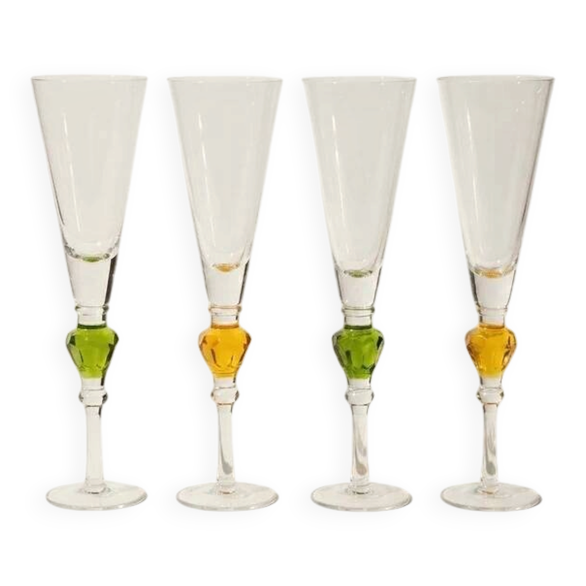 Set of 4 glass champagne flutes with coloured stems – contemporary/vintage style