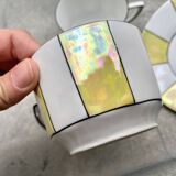 60s striped iridescent porcelain coffee service, 2 cups + 2 vintage saucers