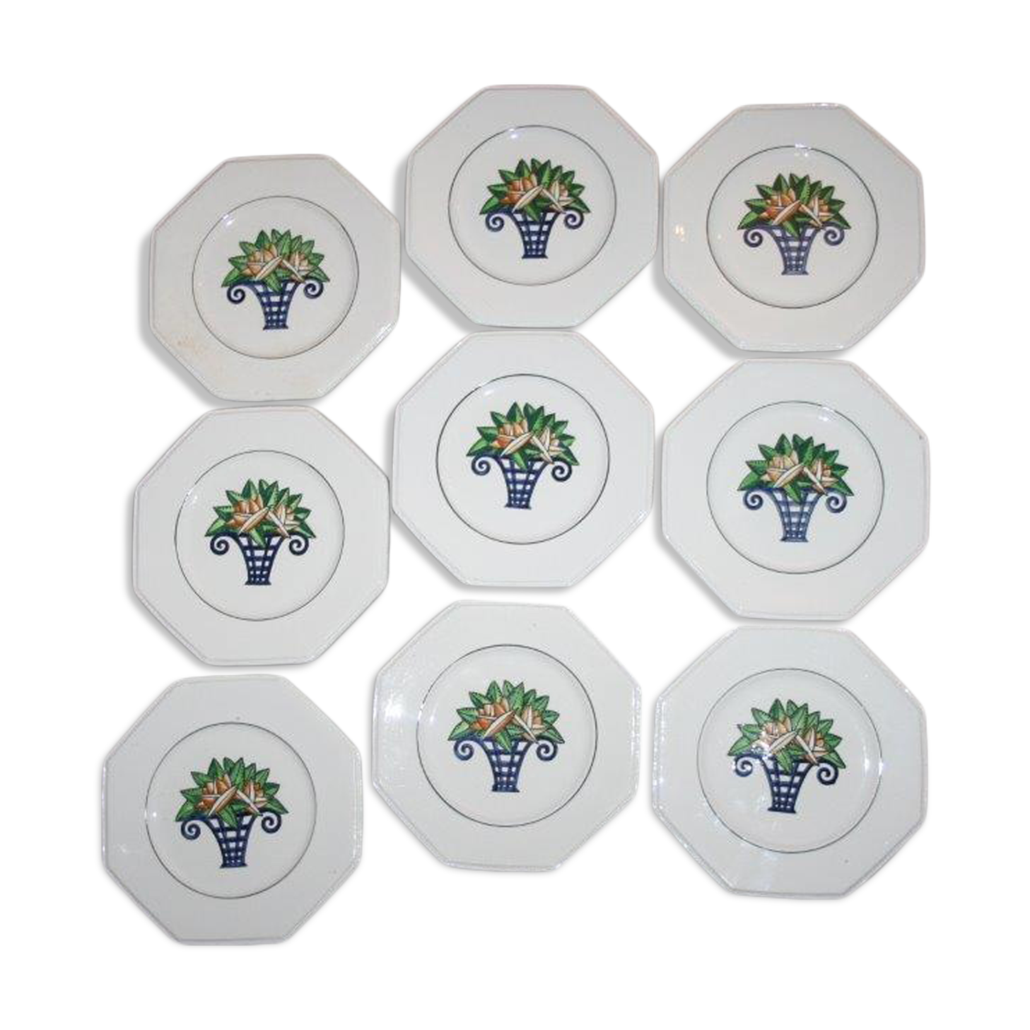 8 octagonal Longwy flowery bouquet art déco dessert plates