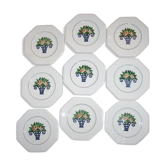 8 octagonal Longwy flowery bouquet art déco dessert plates