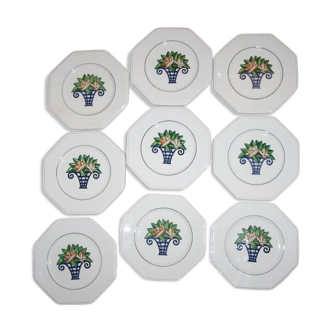 8 octagonal Longwy flowery bouquet art déco dessert plates