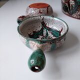 Vallauris fondue serving lot 1 large pot and 6 small pots décor thistle gray, blue, green