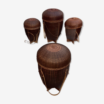 Set of four wicker baskets, rattan nesting ethnic style