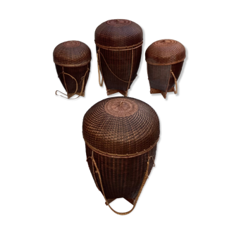 Set of four wicker baskets, rattan nesting ethnic style
